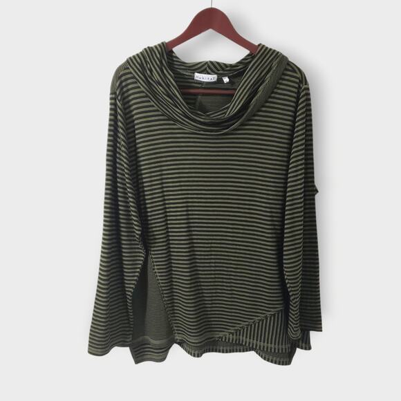 Habitat Artsy Asymmetric Cowlneck Tunic Top Green Black Stripe Sz XL Lagenlook - Picture 1 of 14